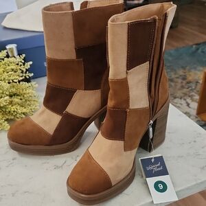 Universal Thread Brown and Tan Heeled Boots with Patchwork Design